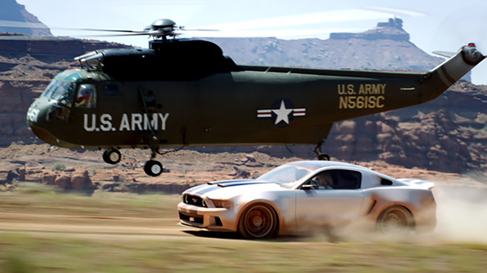 High-speed camera helicopter tracking sports car chase sequences